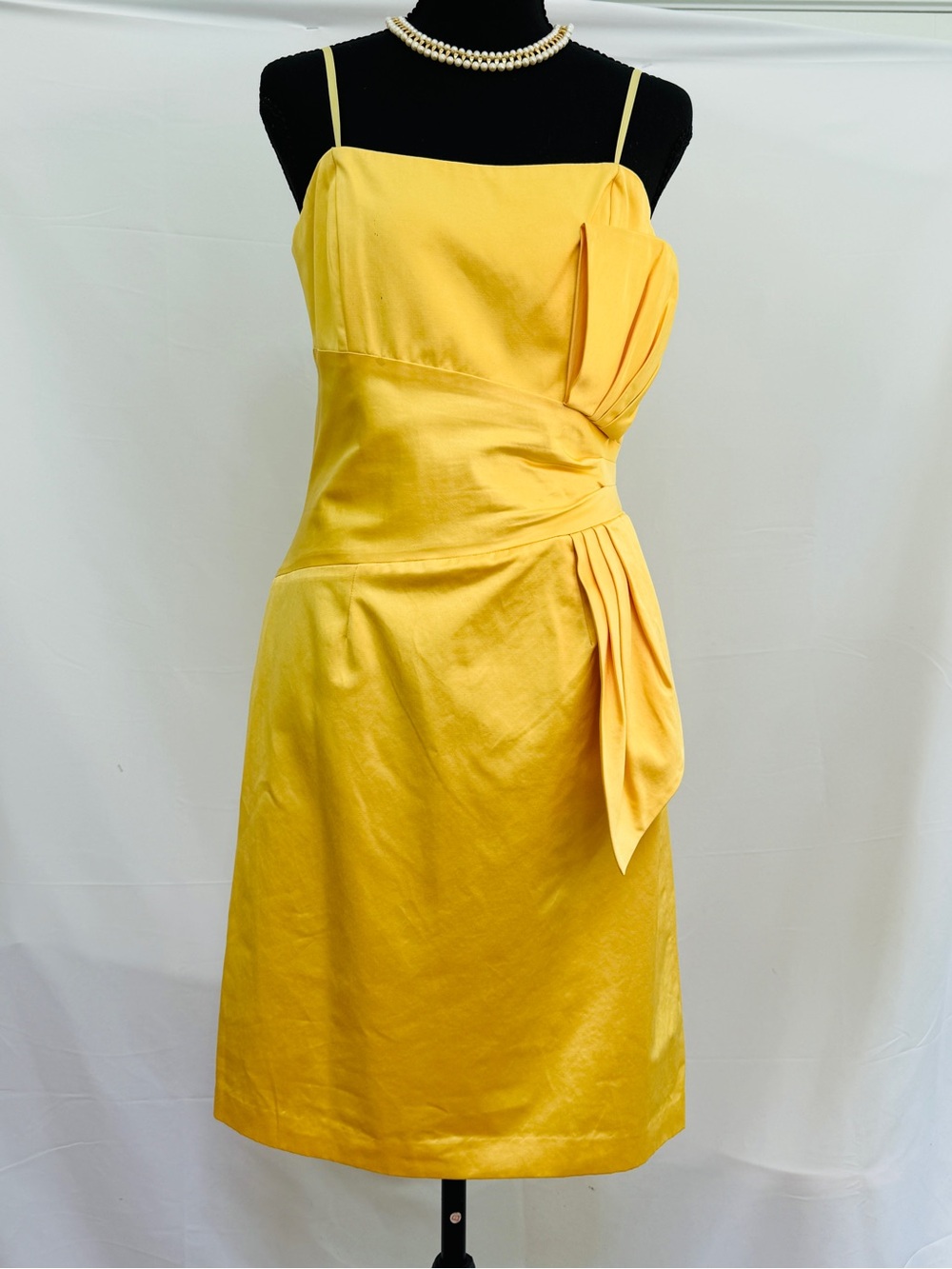 BCBG Paris Yellow Satin Midi Dress with Draped Accent